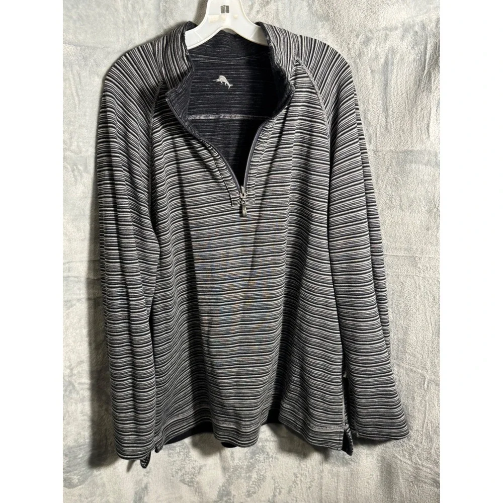 Tommy Bahama Mens Reversible‎ Quarter Zip Pullover Shirt Gray Stripes Size XL